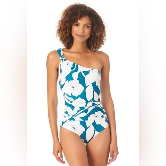 ANNE COLE Asymmetric Floral-Print One-Piece Swimsuit swimwear New TEPT size 10 - Picture 3 of 16